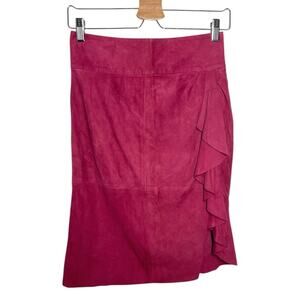 Ba&sh Raspberry Pink Goat Leather Suede Ruffle Front Knee Length Skirt XS / 4